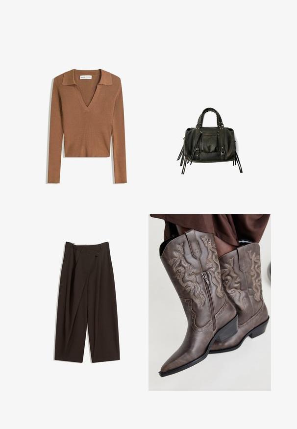 Brun ribbad långärmad kortad tröja med djup V-ringning och krage, tillverkad av lättstickad tyg.; Mörkbruna vida byxor med hög midja, med en enkel knappstängning och plisserad front. Tillverkade av lätt tyg.; Bruna läder cowboystövlar med spetsig tå, sidogömma och texturerad ormdesign i beige, med dekorativa nitar längs kanterna.; Svart läderhandväska med flätade handtag, dragkedjefack och hängande pom poms. Texturerad yta med metallnitar och hårdvaruaccenter.