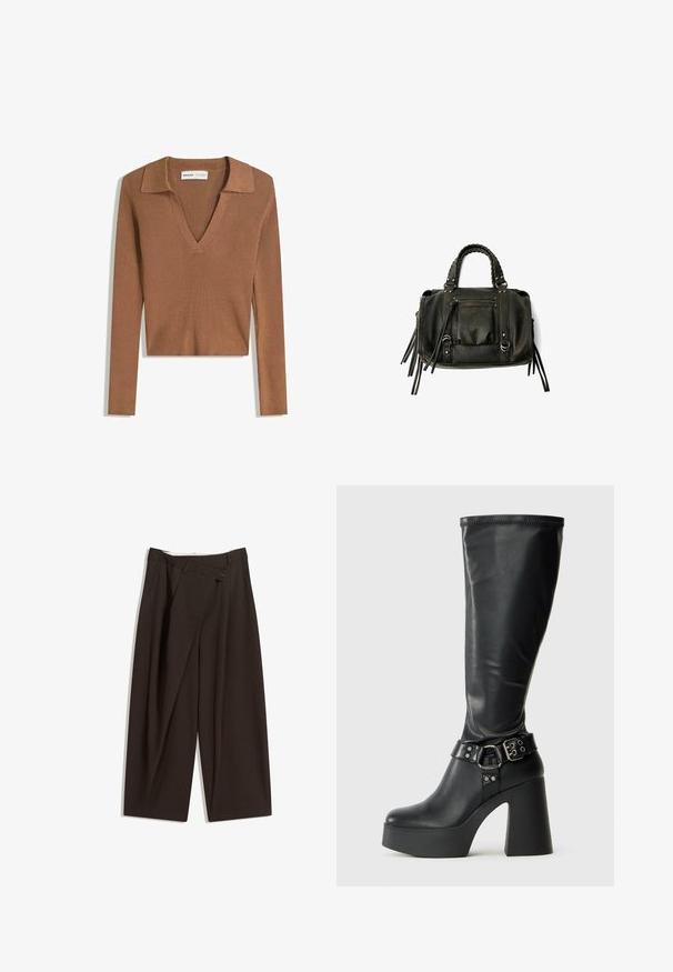 Brązowy prążkowany sweter z długim rękawem, krótki, z głębokim dekoltem w szpic i kołnierzykiem, wykonany z lekkiej dzianiny.; Ciemnobrązowe szerokie spodnie o wysokim stanie, z pojedynczym zapięciem na guzik i plisowanym przodem. Wykonane z lekkiego materiału.; Czarne kalosze do kolan na platformie z błyszczącym wykończeniem, z szerokim obcasem blokowym i akcentem w postaci klamry w okolicy kostki.; Czarna skórzana torebka z plecionymi uchwytami, kieszenią na zamek i zawieszkami. Teksturowana powierzchnia z metalowymi ćwiekami i akcentami ze stali.