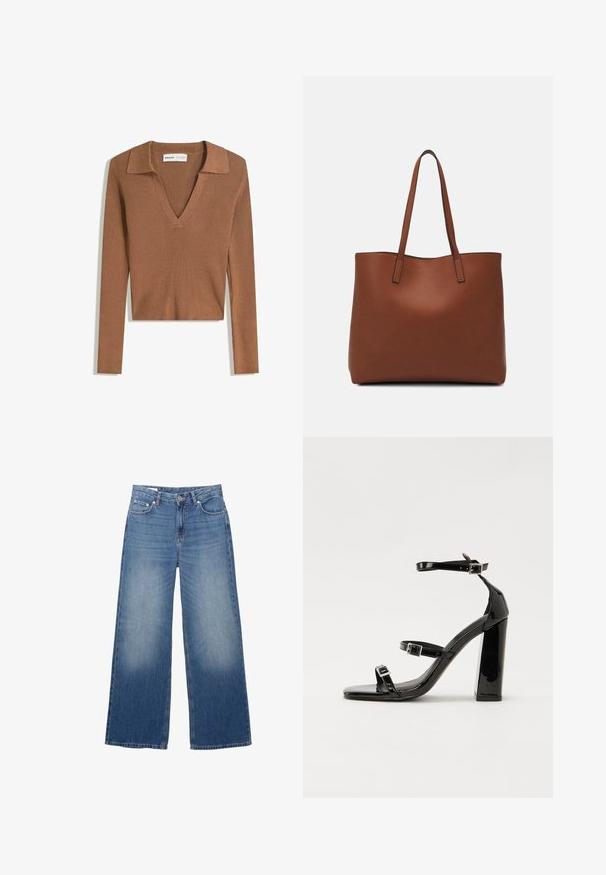 Rjav rebrast dolg rokav krojen pulover s globokim V-izrezom in ovratnikom, izdelan iz lahke pletenine.; Široke, svetlo modre kavbojke z bledejšim videzom, petimi žepi in gumbom za zapiranje v pasu. Iz bombažnega materiala, ravna kroja.; Črne lakaste sandale z visokimi petami, z dvema trakovoma z zaponkama, kvadratnim sprednjim delom in masivno širšo peto, z gladko, sijočo teksturo.; Rjava usnjena torba z gladko teksturo, odprto zasnovo zgoraj in dvema naramnima trakovoma. Opremljena je z minimalnim šivanjem in brez vidnih kovinskih delov.