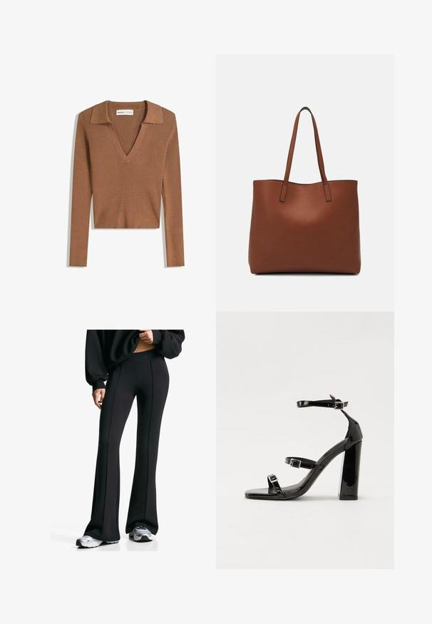 Smeđa rebrasta dugačka majica s dugim rukavima i skraćenim krojem, s dubokim V-izrezom i ovratnikom, izrađena od lagane pletene tkanine.; Crne trapezaste hlače s visokim strukom i bočnim šavovima. Napravljene od rastezljivog materijala, imaju glatku teksturu. Uparene s sportskom obućom.; Crne lakirane sandale na visoku petu s dva remena s kopčama, kvadratnim vrhom i masivnom blok petom, s glatkom, sjajnom teksturom.; Smeđa kožna torba preko ramena s glatkom teksturom, otvorenim vrhom i dvjema naramenicama. Ima minimalne šavove i nema vidljivog hardvera.