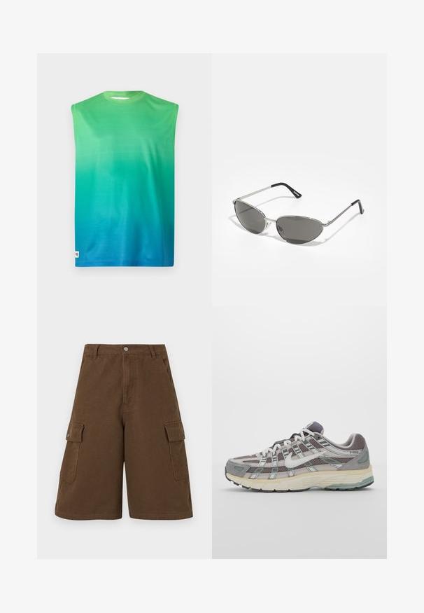 Marineblå hettegenser med en sekssidet rød Nike-logo på brystet. Har røde detaljer langs ermene og et teksturert, mykt stoff.; Sømløs T-skjorte i gradientnyanser av grønn til blå. Laget av glatt stoff med rund hals og uten synlig maskinvare.; Brune cargo shorts med rett snitt, to sidelommer og frontlukking med knapp. Laget av slitesterk bomullsstoff med en matt finish.; Grå treningssko med overdel i nett og semsket skinn, hvite detaljer, en polstret såle, og et særpreget design med reflekterende elementer.; Solbriller med en slank, sølvmetallisk ramme, gråtonede linser og et aerodynamisk design med spisse kanter og tynne armer.