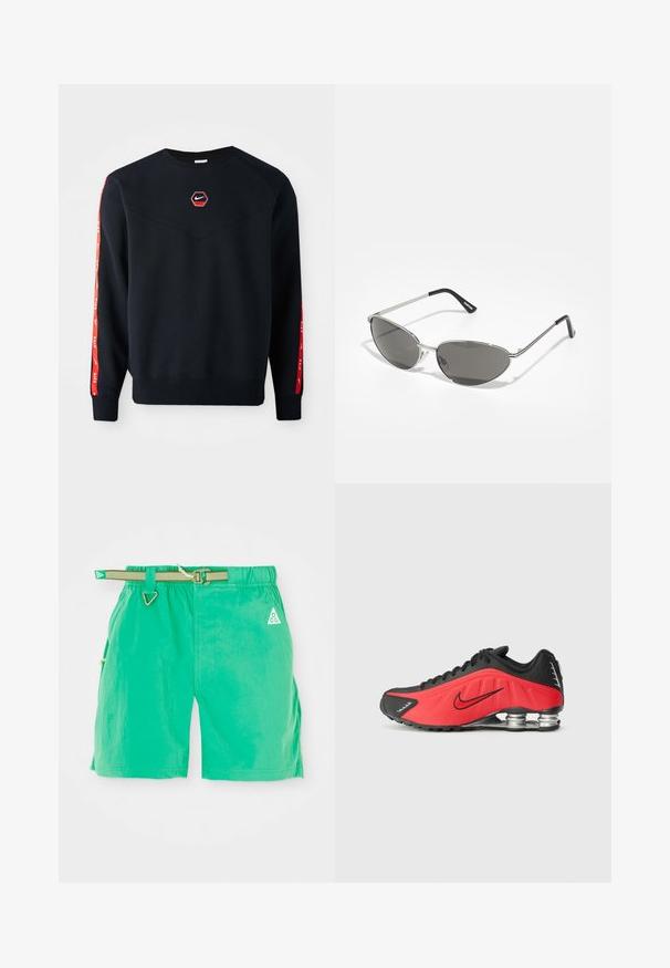 Granatowa bluza z kapturem z sześciokątnym czerwonym logo Nike na piersi. Posiada czerwone wykończenia na rękawach oraz teksturowany, miękki materiał.; Zielone kąpielówki o teksturowanym wykończeniu, z regulowanym paskiem, kieszeniami bocznymi i trójkątnym logo z przodu po lewej stronie.; Buty do biegania Nike w czerwono-czarnym wzorze, z syntetyczną cholewką, teksturowanymi wzorami i srebrnymi elementami tłumiącymi w pięcie.; Okulary przeciwsłoneczne z elegancką, srebrną metalową ramą, szarymi soczewkami i aerodynamicznym kształtem z wyraźnymi krawędziami oraz cienkimi zausznikami.; Srebrny naszyjnik z metalowym wykończeniem, charakteryzujący się skręconym łańcuchem i okrągłym wisiorkiem o wypolerowanej powierzchni.