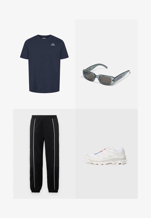 Mustat fleece-hupparit, joissa on puoli-vetoketju, huppu ja valkoinen korostusviiva. Logo painettuna rintaan; elastiset hihansuut ja helma. Pehmeä rakenne.; T-paita, jossa on lyhyet hihat, laivastonsininen ja pyöreä kaula-aukko. Vasemmassa rinnassa on pieni valkoinen tunnus, joka esittää kahta selkäkkäin istuvaa hahmoa.; Mustat collegehousut, joissa on valkoiset sivuviirut, joustava vyötärö ja hupit. Valmistettu pehmeästä, teksturoidusta kankaasta mukavuutta ja joustavuutta varten.; Valkoiset urheilukengät, joissa on teksturoitu verkkomateriaali, heijastavat yksityiskohdat ja pehmustettu pohja. Huomattava brändilogo sivussa.; Santa Cruz INFERNO UNISEX - Aurinkolasit - crystal black