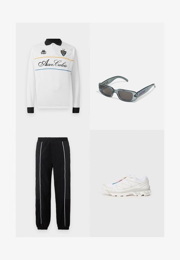 Schwarzer Fleece-Sweatshirt mit halbem Reißverschluss, Kapuze und weißem Akzentstreifen. Logo auf der Brust aufgedruckt; verfügt über elastische Bündchen und Saum. Weiche Textur.; Weißes Langarm-Polohemd mit schwarzem Kragen und Manschetten. Bietet ein horizontales Design mit gelben und blauen Streifen. Kappa-Logo und "Assoc.Calcio" in Schreibschrift.; Schwarze Jogginghosen mit weißen Seitenstreifen, elastischem Bund und Bündchen. Hergestellt aus weichem, strukturiertem Stoff für Komfort und Flexibilität.; Weiße Sportlich-Schuh mit strukturiertem Mesh-Obermaterial, reflektierenden Akzenten und einer gepolsterten Sohle. Auffälliges Markenlogo an der Seite.; Santa Cruz INFERNO UNISEX - Sonnenbrille - crystal black