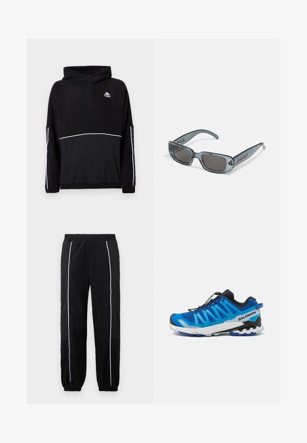 Melnā flīsa džemperis ar pusējiem rāvējslēdzējiem, kapuci un baltu akcenta līniju. Logo izdrukāts uz krūtīm; ar elastīgām piedurknēm un apakšmalu. Mīksta tekstūra.; Melni sporta bikses ar baltām sānu svītrām, elastīgu jostasvietu un piedurknēm. Izgatavotas no mīksta, teksturēta auduma, kas nodrošina ērtību un elastību.; Zila sporta kurpe ar acu audumu, melniem akcentiem, Contagrip zoli un ātrās saites sistēmu. Iespējas ietver plakanu papēdi un viļņveida rakstu.; Santa Cruz INFERNO UNISEX - Saulesbrilles - crystal black