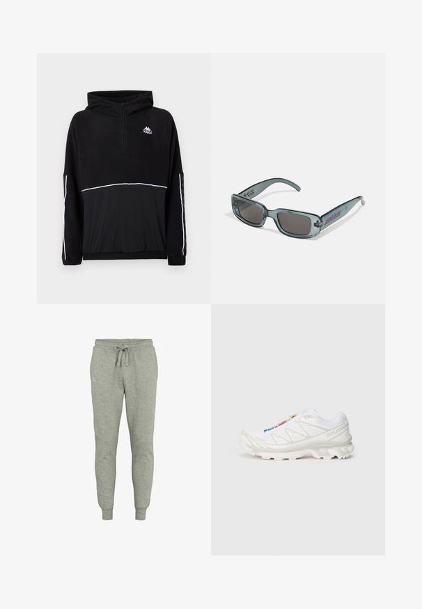 Juoda vilnos džemperis su pusiau užtrauktuku, gobtuvu ir balta akcento linija. Logo atspausdintas ant krūtinės; turi elastingus rankogalius ir apatinę dalį. Minkšta tekstūra.; Pilkos sportinės kelnės, pagamintos iš minkštos medžiagos, su raišteliu juosmenyje ir raukiniais apyrankėse. Mažas logotipo detalė ant kairiojo klubo.; Baltas sportinis batelis su tekstūruotu tinkliniu viršumi, atspindinčiais akcentais ir paminkštintu padu. Išskirtinis prekės ženklo logotipas šone.; Santa Cruz INFERNO UNISEX - Akiniai nuo saulės - crystal black