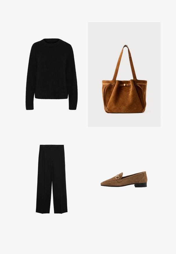 Črn pulover iz mehkega, puhastega materiala. Ima okroglo izrezan vrat, dolge rokave in rebrast rob. Preprost dizajn brez vzorcev ali okraskov.; Črne široke hlače iz gladkega materiala, z gubami spredaj in stranskimi žepi, zasnovane v ravnem, sproščenem kroju.; Rjavi semiš mokasini s izostrenim vrhom, ki imajo zlat zaponko in nizko črno peto. Preprost, gladek tekstura, klasična zasnova.; Rjava nubuk torba za ramena z dvema ročajema, z loputo na gumb in sproščenim, rahlo ohlapnim oblikovanjem.