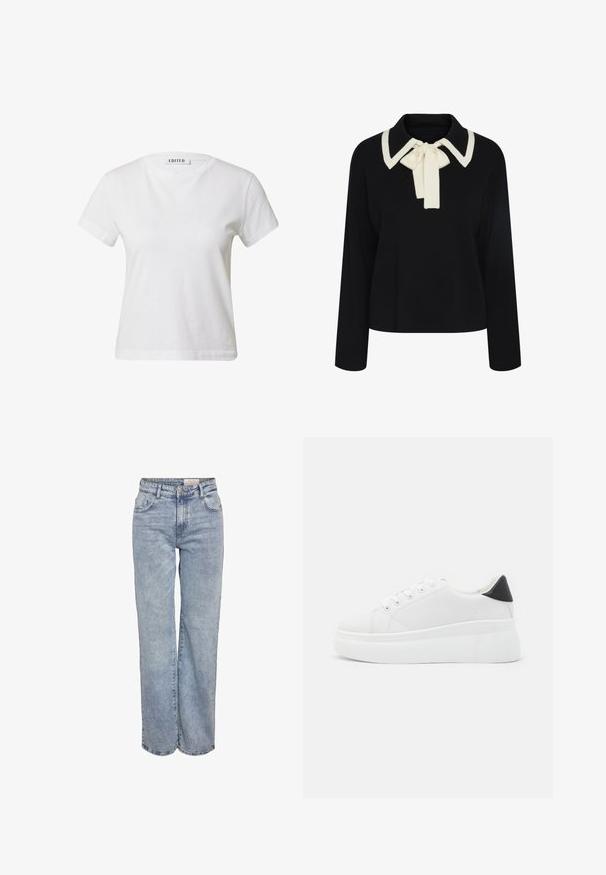 Zwarte trui met lange mouwen en een brede kraag met witte bies en een witte strik geknoopt bij de hals.; Witte korte mouwen t-shirt van katoen, met een ronde halslijn en een ontspannen pasvorm. Label op de achterkant zegt "EDITED".; Lichtblauwe wijde jeans gemaakt van denim, met een hoge taille, vijf zakken en subtiele vervaging voor een versleten uitstraling.; Witte platform sneakers van glad synthetisch materiaal, met een afgeronde neus, vetersluiting en een gestructureerde rubberen zool. Zwarte hielaccent.