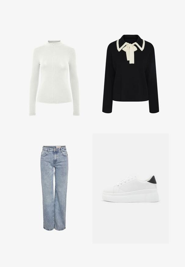 Svart langermet genser med bred hvit kant og hvit sløyfe knyttet ved halsåpningen.; Langermet topp i lys grå ribbet stoff, med høy krage og glidelås foran. Slim-fit design med teksturert detaljering.; Lys blå vide jeans laget av denim, med høy midje, fem-lommers design og subtile falminger for et slitt utseende.; Hvite plattform sneakers laget av glatt syntetisk materiale, med rund tå, snøring og en strukturert gummisåle. Svart hæl akcent.