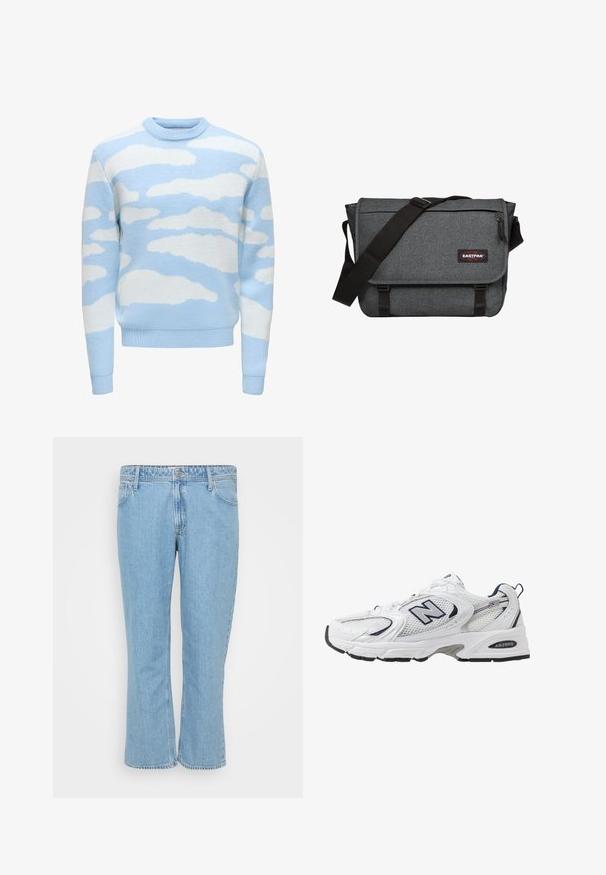 Suéter azul claro con un tejido texturizado que presenta un patrón de nubes en blanco. Cuello redondo y puños y dobladillo acanalados.; Vaqueros de mezclilla azul claro con un diseño de pierna recta, que cuentan con un estilo de cinco bolsillos y un cierre de botón en la cintura.; Zapatilla deportiva blanca con parte superior de malla, acentos en azul marino y suela acolchada. Presenta el logo "N", cordones y detalle texturizado en el lateral.; Bolso mensajero gris con una tela texturizada, correa negra y cierre de hebilla. Cuenta con un parche de logo y un bolsillo con cremallera en la parte frontal.