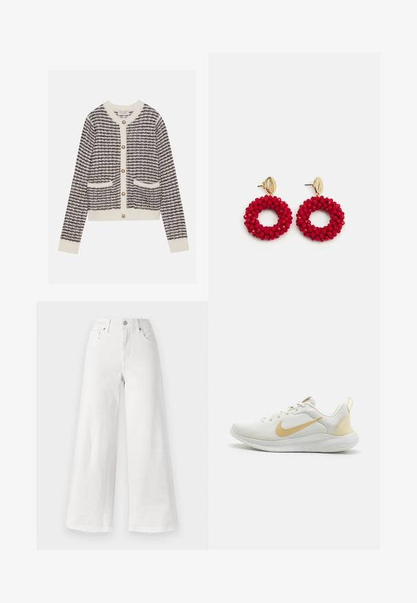 Cárdigan de punto en crema y azul marino con rayas horizontales, con botones de perlas redondos y dos bolsillos frontales. Puños acanalados.; Jeans anchos blancos de mezclilla, con una cintura alta, diseño de cuatro bolsillos y dobladillo deshilachado en la parte inferior para añadir textura.; Zapatilla deportiva blanca con parte superior de malla texturizada, acentos dorados y suela flexible. Cuenta con una lengüeta en el talón para facilitar su uso.; Pendientes de aro rojos con cuentas, con una superficie texturada y un cierre de poste en tono dorado. Forma circular con centro abierto y detalles de cuentas redondeadas.