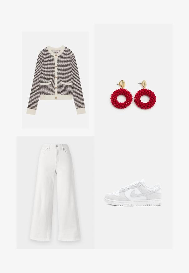 Kudumine kampsun ecru ja meriini värvides, horisontaalsete triipudega, ümarate pärlitest nööpidega ja kahe esigarderoobiga. Soonilised mansetid.; Valged laiad teksad, mis on valmistatud denimist, millel on kõrge vöökoht, neli taskut ja tekstuuri lisamiseks toormaterjalist ääred alt.; Valged Nike tennisajad, mis on valmistatud tekstuurses nahast ja sametist, madala lõikega, ümarate varvastega ja mustrilise kummitaldiga.; Punane helmestega ripats kõrvarõngad tekstureeritud pinna ja kuldse tooni klambriga. Ümmargune kuju avatud keskosaga ja ümarate pallide detailidega.