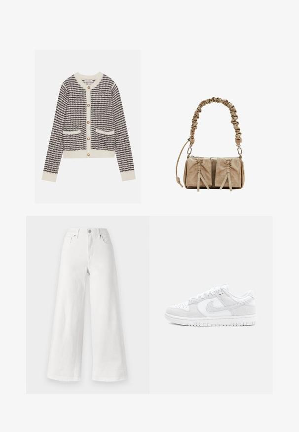 Kudumine kampsun ecru ja meriini värvides, horisontaalsete triipudega, ümarate pärlitest nööpidega ja kahe esigarderoobiga. Soonilised mansetid.; Valged laiad teksad, mis on valmistatud denimist, millel on kõrge vöökoht, neli taskut ja tekstuuri lisamiseks toormaterjalist ääred alt.; Valged Nike tennisajad, mis on valmistatud tekstuurses nahast ja sametist, madala lõikega, ümarate varvastega ja mustrilise kummitaldiga.; Beež sametist käekott, millel on kokku tõmmatud kangast käepide, kaks esipocketit, millel on pinguldavad klapid, ja peened tekstuuriaksendid.