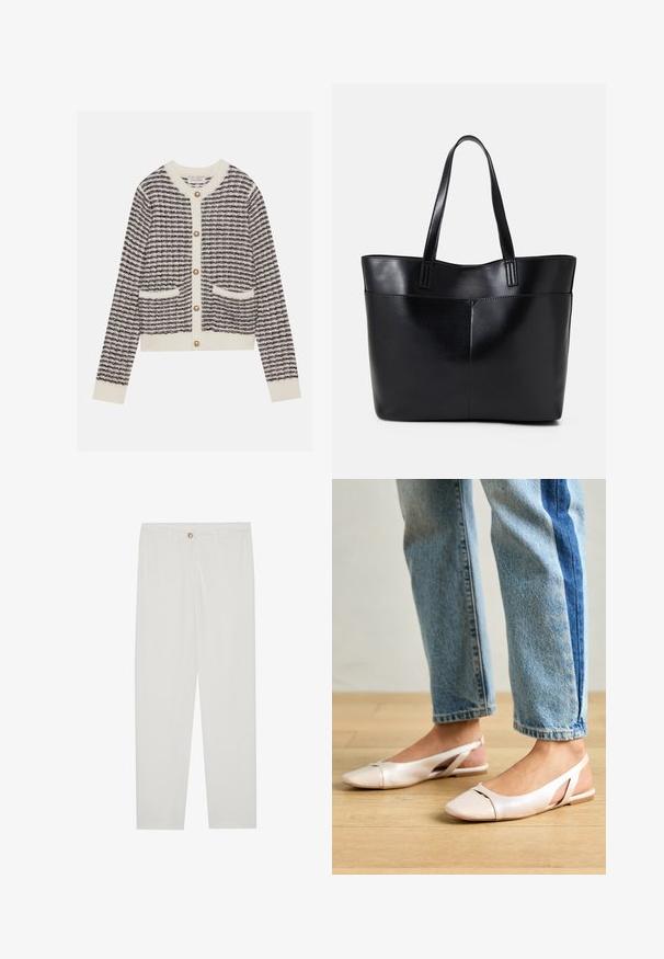 Kudumine kampsun ecru ja meriini värvides, horisontaalsete triipudega, ümarate pärlitest nööpidega ja kahe esigarderoobiga. Soonilised mansetid.; Valged kohandatud püksid sirge lõikega, varustatud nupuga kinnitusega, vöödega ja küljetaskutega; sile kangatekstuur.; Kahvatu roosa slingback lapikute jalatsite paar, millel on terav varvas, valmistatud siledast nahataolisest materjalist. Omab külgedel lõikekohti ja lapikut kontsa.; Must mustaga musta nahast, millel on kaks pikka kanda, sile tekstuur ja struktureeritud kuju. Esipoolsel on lisakoti jaoks tasku.