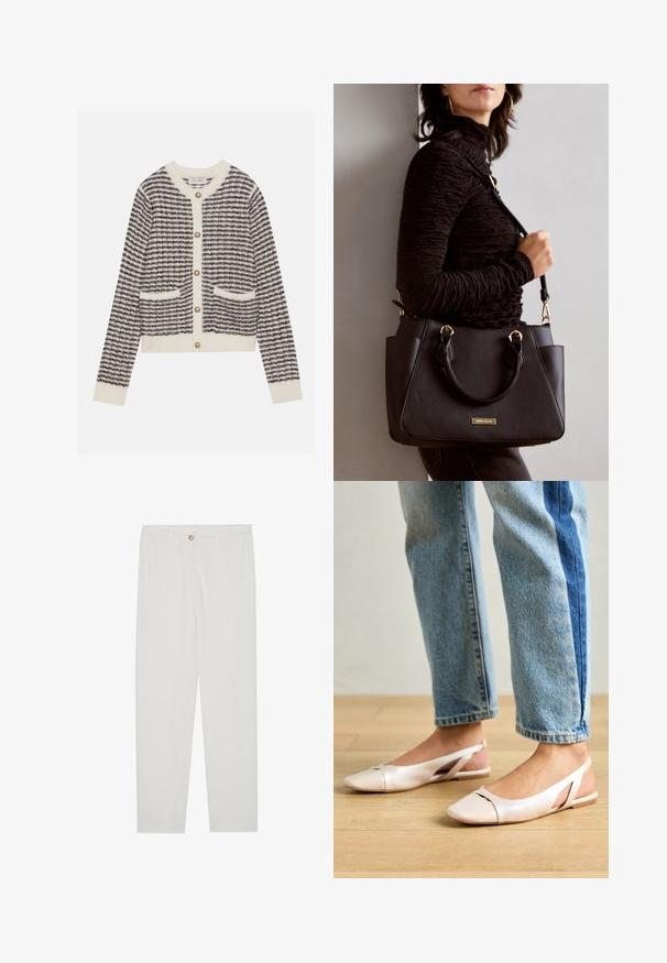 Cardigã de malha em creme e azul-marinho com riscas horizontais, apresentando botões redondos de pérola e dois bolsos frontais. Punhos canelados.; Calças brancas, ajustadas, com um design de perna reta, apresentando um fecho de botão, passantes para cinto e bolsos laterais; textura de tecido suave.; Sapatilhas slingback de cor rosa pálido com bico fino, feitas de um material semelhante a couro liso. Apresentam detalhes recortados nas laterais e um salto plano.; Bolsa preta com superfície texturizada, alças superiores duplas e alça de ombro ajustável. Apresenta ferragens em tom dourado e bolsos laterais.