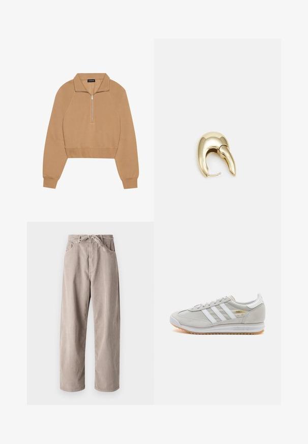 Even&Odd Sweatshirt - tan; Beige Cordhosen mit lockerer Passform, ausgestattet mit einem Kordelzugbund, zwei Fronttaschen und vertikal geripptem Muster.; Hellgraue Sneaker aus Wildleder und Mesh, mit drei weißen Streifen, runder Zehenpartie und einer Sohle aus Gummi. Goldenes Logo-Detail nahe der Schnürsenkel.; Ohrringe aus goldfarbenem Metall mit einem schlanken, geschwungenen Design. Sie verfügen über eine markante, spitze Form, eine polierte Oberfläche und einen Scharnierverschluss.