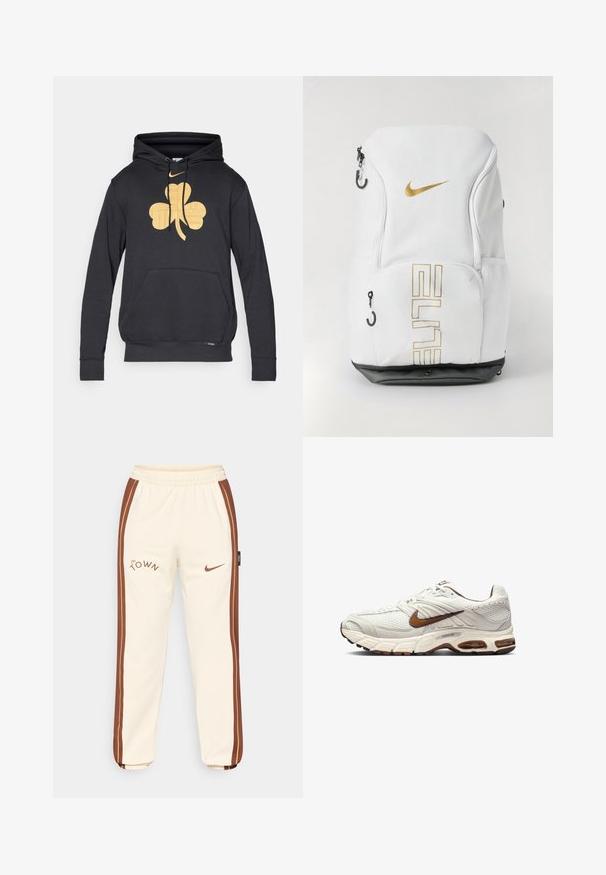 Zwarte hoodie met een groot gouden klavertien ontwerpelement op de voorkant, een trekkoordkap en een voorzak. Zacht, textuurstof.; Crème joggers met bruine zijkanten, met het logo "The Town" en de swoosh van Nike. Elastische tailleband en geribde boorden. Zacht, soepel materiaal.; Nike sneakers in off-white met een gestructureerde mesh bovenkant, bruine accenten en een gevoerde zool. Lichtgewicht ontwerp met ronde neus en vetersluiting.; Nike rugzak in het wit met een gouden logo en de tekst "ELITE", ritsafsluitingen, mesh zijvakken en een zwarte onderkant. Gladde textuur.