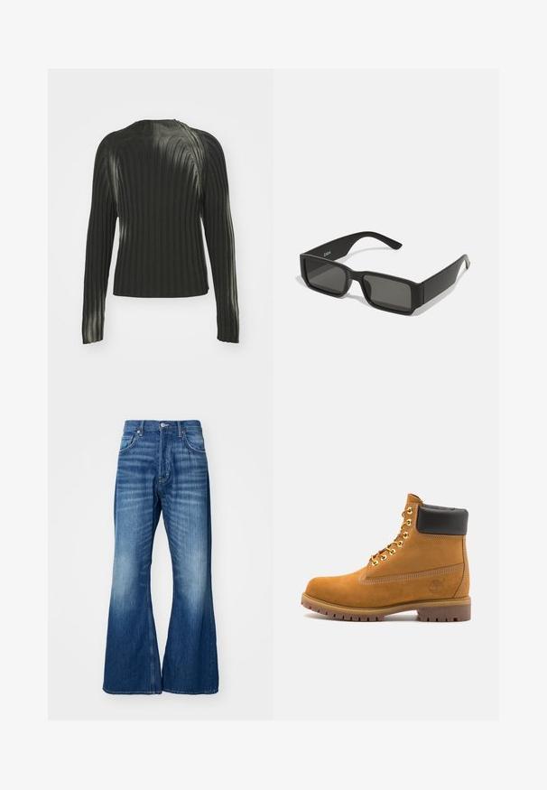 Melnā ribotā džemperī ar garām piedurknēm, apaļa kakla izgriezums un faktūru raksts visā audumā. Vienkāršs un pieguļošs dizains.; Weekday TIME LOOSE - Džinsi ar taisnām starām - mine blue; Brūna zamša potīte ar melnu izšuvumu ap kaklu, zelta metāla acu caurumi, balta šuvju apdare un izturīgs gumijas zole ar izteiktu zīmējumu.; Melnas saulesbrilles ar taisnstūra lēcām, matēta plastmasas rāmja un taisnām malām. Uz iekšējās rokas ir zīmola logo.