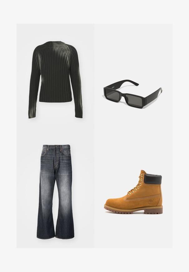 Mustmust kaelus, pikkade varrukatega must ribakudum, millel on üle kogu kanga tekstuuriline muster. Lihtne ja keha lähedale lõigatud disain.; Weekday TIME LOOSE BOOTCUT - Sirgete säärtega teksad - ash black; Küpset tan suede sääreboot musta pehmea kraega, kuldsed metallist silmad, valge õmblemise detailid ja robustne kummist tallaga, millel on väljendunud mustrid.; Mustad prillid ristkülikukujuliste läätsedega, matt plastikust raam ja sirged servad. Omab brändi logo sisemise varre peal.