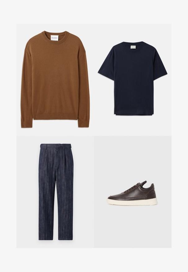 CLOSED CREW NECK LONG SLEEVE - Jumper - light mocha brown; Navy blue cotton T-shirt with short sleeves, round neckline, and a relaxed fit. Label reads "CLOSED" at the neckline. Smooth texture.; Navy striped trousers with a high-waisted design, pleated front, and straight leg. Made from lightweight fabric with subtle texture.; Dark brown textured leather sneaker with lace-up front and white ridged rubber sole on a plain light background.