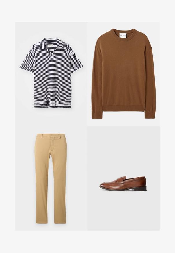 CLOSED CREW NECK LONG SLEEVE - Džemper - light mocha brown; Rinnaga polo särk V-dekolteega, millel on tumesinised ja valged horisontaalsed triibud, lühikesed varrukad ja pehme, kerge kangas.; Beez värvi puuvillased chinosid sirge säärega, millel on lame esiosa, vööklambrid ja peidetud tõmblukuga sulgemine.; Pruunist nahast loafersid ümmarguse varbaga, minimaalse õmblusega ja madala plokknõgaga. Omavad dekoratiivset rihma üle varbaosa.