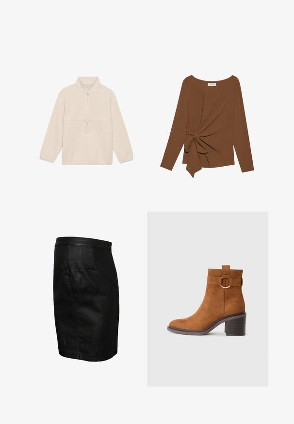Fleece-Pullover in Off-White mit einem halben Reißverschluss, langen Ärmeln und einer Fronttasche mit Kordelzug zur Anpassung. Weicher Textil.; Brauner Langarm-Top mit weitem Ausschnitt und Knoten-Detail auf einer Seite, aus weichem, strukturiertem Stoff.; Schwarzer Jeansrock mit figurbetonter Silhouette, einem glatten Lederbund, einfacher Nahtführung und Seitentaschen. Keine sichtbaren Muster oder Akzente.; Braune Wildleder-Ankle-Boots mit abgerundetem Zehenbereich, Blockabsatz und einem dekorativen Riemen mit einer runden Schnallendetail.