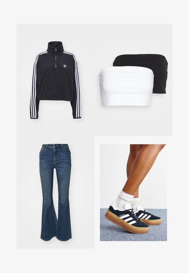 adidas Originals HALF ZIP - Fleecepaita - black; Kaksi olkaimetonta crop-topia mustana ja valkoisena, valmistettu venyvästä puuvillakankaasta. Sujuva pinta, yksinkertainen muotoilu ja ei näkyviä saumoja.; Wrangler FIERCE - Flared-farkut - phoenix; Musta mokkanahkainen tennari, jossa valkoiset raidat ja yksityiskohdat, pyöreä kärki, purukumipohja, yhdistetty valkoisiin ribbineuleisiin nilkkasukkiin.