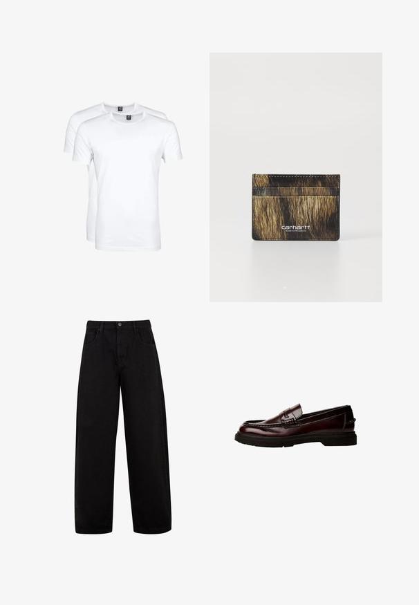 Zwarte trui met lange mouwen van ribstof, met een ronde hals en een knoopsluiting aan de voorkant met drie knopen.; Korte mouwen witte katoenen t-shirts, met een ronde hals en een gladde textuur, gepresenteerd in een verpakking van twee.; Zwarte wijde jeans van denim, met voorzakken, een knoopsluiting en een strak, minimalistisch ontwerp zonder zichtbare patronen.; Bruine leren loafers met een ronde neus, gedetailleerde stiksels en een rubberen zool. Voorzien van een decoratieve band, gladde textuur.; Kaartjeshouder gemaakt van nepbont met een bruin en zwart patroon. Bevat vier kaartsleuven en een debossed logo aan de voorkant.