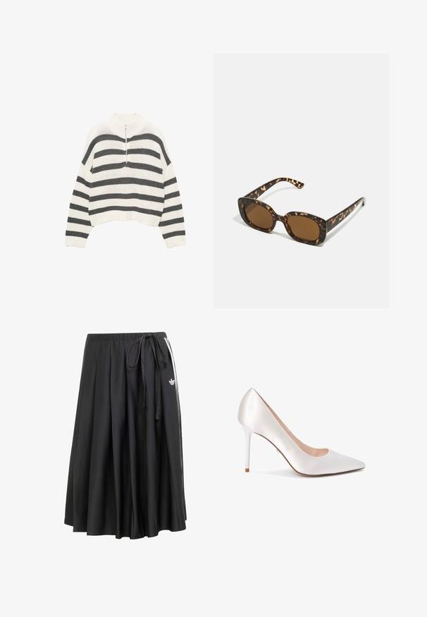 Gestreifter, weißer und grauer, verkürzter Pullover mit hohem Kragen und einem Frontreißverschluss. Texturiertes, gestricktes Material mit geripptem Saum.; Schwarzer Midirock mit elastischem Bund, seitlichem Bindegürtel, weißen Streifen und dem Adidas-Trefoil-Logo auf der rechten Seite.; Spitz zulaufender High Heel in satinweißem Material, mit einer eleganten Silhouette und einem glänzenden weißen Stiletto-Absatz.; Schildpatt-Sonnenbrille mit einem runden, klobigen Rahmen und braunen Gläsern. Verfügt über dezente Muster und gerade, zulaufende Bügel.; Weiße Clutch aus glattem Leder mit einem silbernen Kettenriemen und einem metallischen Akzentbalken auf der Vorderseite. Minimalistisches Design und dreieckige Form.