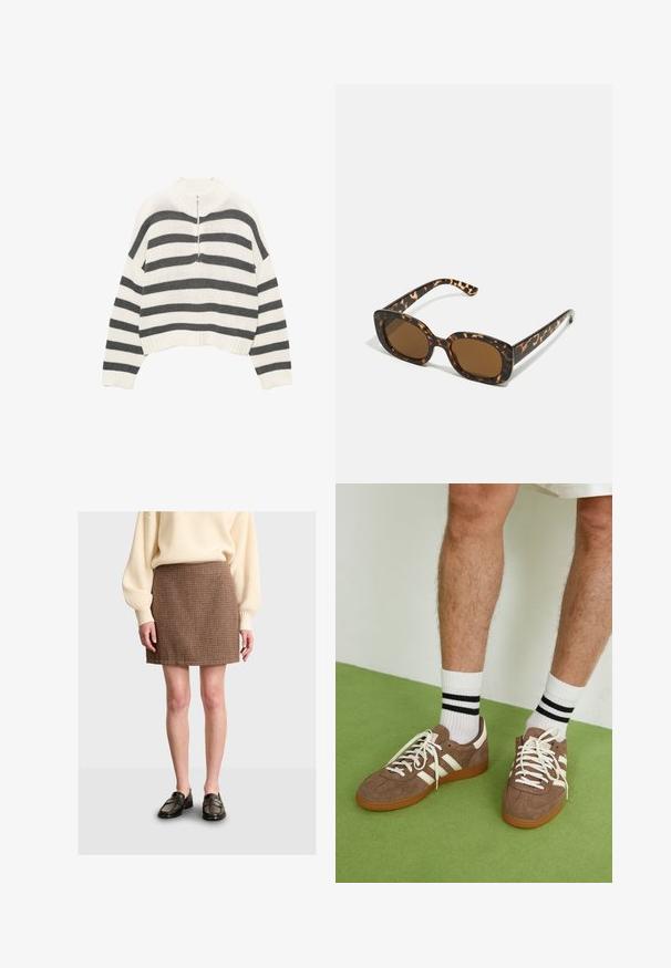 Pull court à rayures blanches et grises, avec un col haut et une fermeture éclair à l'avant. Tissu tricoté texturé avec un ourlet côtelé.; Jupe mini texturée marron au design ajusté, associée à un pull en crème à côtes et des mocassins foncés. Le tissu présente un motif subtil.; Baskets en daim marron avec des accents et des lacets blancs. Semelle en caoutchouc gomme. Portées avec des chaussettes blanches à rayures noires. Sol texturé vert.; Lunettes de soleil en écaille de tortue avec une monture ronde et épaisse et des verres marron. Présente des motifs subtils et des branches droites et effilées.; Zign LEATHER - Cabas - light brown