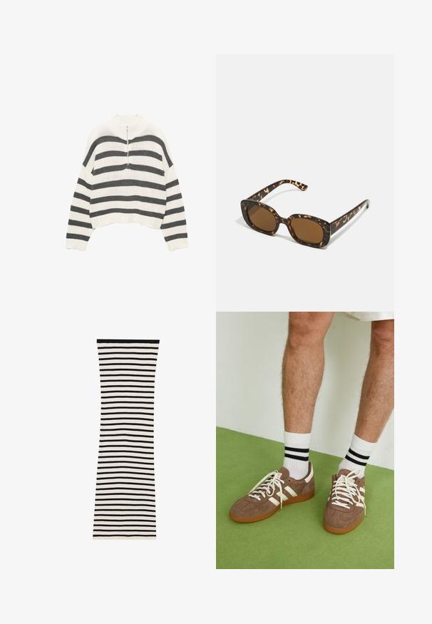 Pull court à rayures blanches et grises, avec un col haut et une fermeture éclair à l'avant. Tissu tricoté texturé avec un ourlet côtelé.; Robe côtelée à rayures noires et blanches avec une coupe ajustée, présentant des rayures horizontales et un col noir uni.; Baskets en daim marron avec des accents et des lacets blancs. Semelle en caoutchouc gomme. Portées avec des chaussettes blanches à rayures noires. Sol texturé vert.; Lunettes de soleil en écaille de tortue avec une monture ronde et épaisse et des verres marron. Présente des motifs subtils et des branches droites et effilées.; Zign LEATHER - Cabas - light brown
