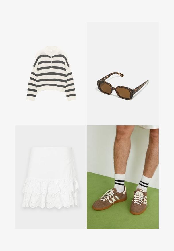 Pulover scurt cu dungi albe și gri, având un gât înalt și un fermoar frontal. Material texturat, tricotat, cu tiv ondulat.; Fustă din bumbac alb, cu un design din volane suprapuse și broderie cu ochiuri la tiv. Textură netedă, lungime deasupra genunchiului.; Adidași maro din suede cu accente și șireturi albe. Talpă din cauciuc de culoare caramel. Purtați cu șosete albe cu dungi negre. Pardoseală verde texturată.; Ochelari de soare cu chelă de broască țestoasă, având un cadru rotund și voluminos, cu lentile maro. Prezintă modele subtile și brațe drepte, conice.; Zign LEATHER - Geantă de pânză - light brown