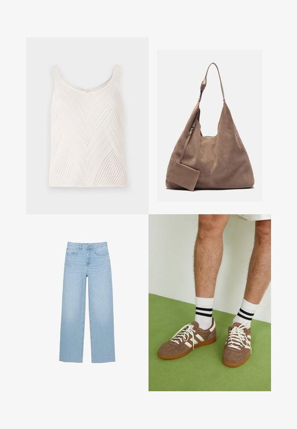 Vit och grå randig kortärmad tröja, med hög hals och dragkedja fram. Texturerad, stickad tyg med ribbad nederkant.; Lättviktig vit stickad linne med ett zick-zack-mönster, featuring smala axelremmar och ett öppet vävstruktur.; Ljust blå vida jeans i denim, med hög midja, rak passform och femficksdesign med ren fåll.; Bruna mockaskor med vita detaljer och snören. Gummisula i beige. Bärs med vita strumpor med svarta ränder. Grön strukturerad golvyta.; Zign LEATHER - Shoppingväska - light brown