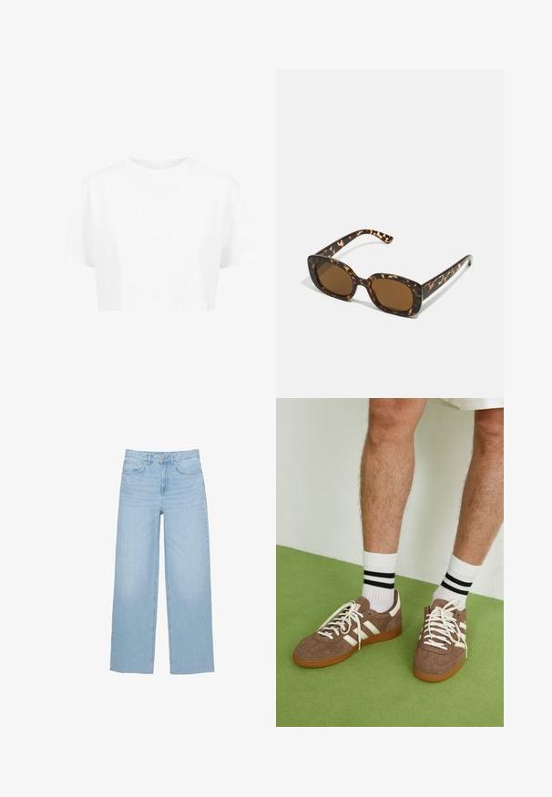 Valkoinen ja harmaa raidallinen lyhyt neulepusero, jossa on korkea kaulus ja etuvetoketju. Rakeinen, neulottu kangas ribbineuloksella hihoissa.; Valkoinen lyhythihainen t-paita, pyöreä kaula-aukko, valmistettu sileästä kankaasta, ilman näkyviä kuvioita tai erottuvia yksityiskohtia.; Vaaleansiniset leveät farkut, joissa on korkea vyötärö, suora leikkaus ja viisi taskua puhtaalla helmallaan.; Ruske nahkate sneakerit valkoisilla korostuksilla ja nauhoilla. Kumi-gumipohja. Yhdistetty valkoisiin sukkiin, joissa on mustia raitoja. Vihreä teksturoitu lattia.; Kaurisilmät, joissa on pyöreä, jämäkkä kehys ja ruskeat linssit. Ominaisuuksiin kuuluvat hillityt kuviot sekä suorat, kapenevat sangan osat.