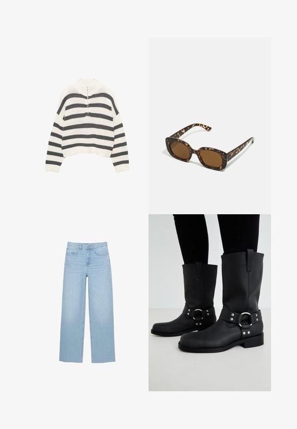Gestreifter, weißer und grauer, verkürzter Pullover mit hohem Kragen und einem Frontreißverschluss. Texturiertes, gestricktes Material mit geripptem Saum.; Helle blaue weite Jeans aus Denim, mit hoher Taille, geradem Schnitt und Fünf-Taschen-Design sowie einem sauberen Saum.; ONLY SHOES ONLBAX - Cowboy-/Bikerboot - black; Schildpatt-Sonnenbrille mit einem runden, klobigen Rahmen und braunen Gläsern. Verfügt über dezente Muster und gerade, zulaufende Bügel.; Zign LEATHER - Shopping Bag - light brown