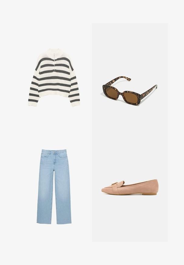 Bílý a šedý pruhovaný krátký svetr s vysokým límcem a předním zipem. Texturovaná pletenina s žebrovaným lemem.; Světle modré široké džíny vyrobené z denimu, s vysokým pasem, rovný střih a pět kapsami, s čistým lemem.; Růžové semišové baleríny s špičatou špičkou, vybavené zlatým kovovým akcentem a plochou gumovou podrážkou pro pohodlí.; Sluneční brýle ve skořápce želvy s kulatým, širokým rámem a hnědými čočkami. Mají jemné vzory a rovné, zúžené stranice.; Zign LEATHER - Velká kabelka - light brown