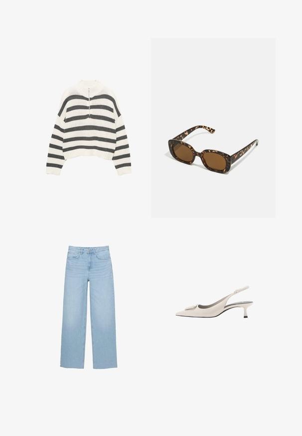 Pulover scurt cu dungi albe și gri, având un gât înalt și un fermoar frontal. Material texturat, tricotat, cu tiv ondulat.; Jeans de denim de culoare albastru deschis, cu picioare largi, talie înaltă, croi dreapt și design cu cinci buzunare, având o tiv clar.; Mango Balerini cu barete - white; Ochelari de soare cu chelă de broască țestoasă, având un cadru rotund și voluminos, cu lentile maro. Prezintă modele subtile și brațe drepte, conice.; Zign LEATHER - Geantă de pânză - light brown