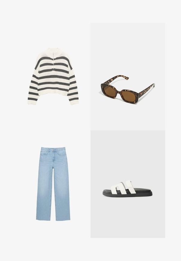 Fehér és szürke csíkos, cropped pulóver, magas nyakkal és elöl cipzárral. Texturált, kötött anyag, bordás szegéllyel.; Világoskék, bő szabású farmernadrág, magas derekú, egyenes fazonú, öt zsebes kialakítással és letisztult szegéllyel.; Fehér pántos szandálok, két széles pánttal, fekete gumitalppal, minimalista dizájnnal és sima felülettel. Kényelmes viselet mindennapi használatra.; Teknősbéka mintázatú napszemüveg kerek, vastag kerettel és barna lencsékkel. Finom mintázattal és egyenes, keskenyedő szárakkal rendelkezik.; Zign LEATHER - Bevásárlótáska - light brown