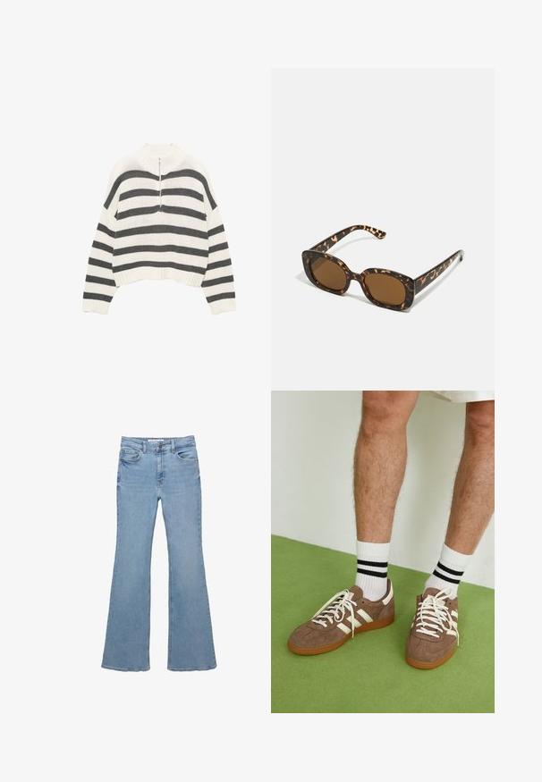 Valkoinen ja harmaa raidallinen lyhyt neulepusero, jossa on korkea kaulus ja etuvetoketju. Rakeinen, neulottu kangas ribbineuloksella hihoissa.; Vaaleansiniset farkut, joissa on korkea vyötärö, viisi taskua, nappikiinnitys ja hieman levenevät lahkeet.; Ruske nahkate sneakerit valkoisilla korostuksilla ja nauhoilla. Kumi-gumipohja. Yhdistetty valkoisiin sukkiin, joissa on mustia raitoja. Vihreä teksturoitu lattia.; Kaurisilmät, joissa on pyöreä, jämäkkä kehys ja ruskeat linssit. Ominaisuuksiin kuuluvat hillityt kuviot sekä suorat, kapenevat sangan osat.; Zign LEATHER - Shopping bag - light brown