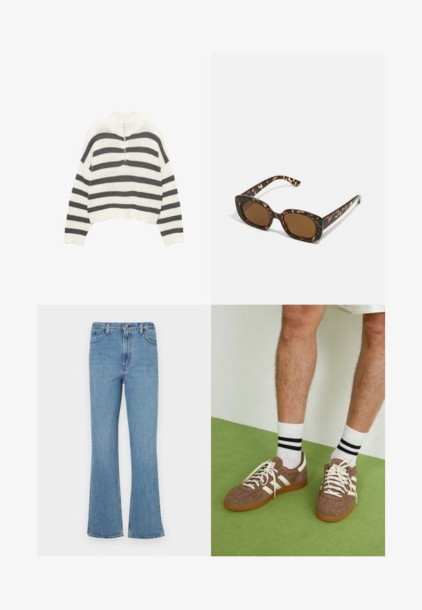 Fehér és szürke csíkos, cropped pulóver, magas nyakkal és elöl cipzárral. Texturált, kötött anyag, bordás szegéllyel.; Világoskék farmer harangnadrág magas derékkal, öt zsebes kialakítással, övtartókkal és kopott hatással.; Barna velúr sportcipő fehér díszítéssel és fűzővel. Gumi talp. Fehér zoknival viselve, fekete csíkokkal. Zöld, textúrázott padló.; Teknősbéka mintázatú napszemüveg kerek, vastag kerettel és barna lencsékkel. Finom mintázattal és egyenes, keskenyedő szárakkal rendelkezik.; Zign LEATHER - Bevásárlótáska - light brown