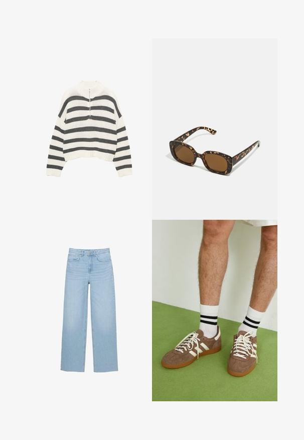 Valkoinen ja harmaa raidallinen lyhyt neulepusero, jossa on korkea kaulus ja etuvetoketju. Rakeinen, neulottu kangas ribbineuloksella hihoissa.; Vaaleansiniset leveät farkut, joissa on korkea vyötärö, suora leikkaus ja viisi taskua puhtaalla helmallaan.; Ruske nahkate sneakerit valkoisilla korostuksilla ja nauhoilla. Kumi-gumipohja. Yhdistetty valkoisiin sukkiin, joissa on mustia raitoja. Vihreä teksturoitu lattia.; Kaurisilmät, joissa on pyöreä, jämäkkä kehys ja ruskeat linssit. Ominaisuuksiin kuuluvat hillityt kuviot sekä suorat, kapenevat sangan osat.; Zign LEATHER - Shopping bag - light brown