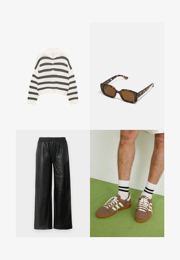 Wit en grijs gestreepte cropped sweater, met een hoge nek en een rits aan de voorkant. Gestructureerde, gebreide stof met een geribbelde zoom.; Zwarte leren wijde broek met een elastische tailleband, met een gladde textuur en minimale stiksel-details.; Bruine suède sneakers met witte accenten en veters. Rubberen gumzool. Draag met witte sokken met zwarte strepen. Groene gestructureerde vloer.; Tortoiseshell zonnebril met een ronde, stevige montuur en bruine lenzen. Heeft subtiele patronen en rechte, taps toelopende veren.; Zign LEATHER - Shopper - light brown
