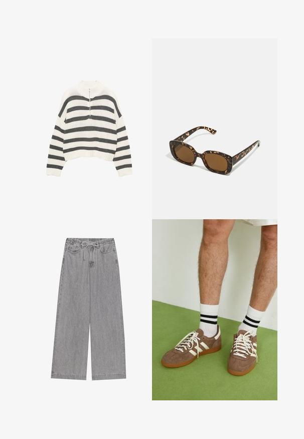 Wit en grijs gestreepte cropped sweater, met een hoge nek en een rits aan de voorkant. Gestructureerde, gebreide stof met een geribbelde zoom.; Grijze ruime spijkerbroeken gemaakt van denim, met een elastische tailleband met trekkoord, twee voorzakken en een rechte pijpenlijn.; Bruine suède sneakers met witte accenten en veters. Rubberen gumzool. Draag met witte sokken met zwarte strepen. Groene gestructureerde vloer.; Tortoiseshell zonnebril met een ronde, stevige montuur en bruine lenzen. Heeft subtiele patronen en rechte, taps toelopende veren.; Zign LEATHER - Shopper - light brown