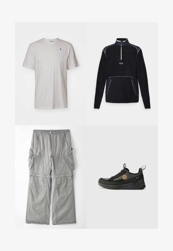 Mikina z fleecu v čiernej farbe s vysokým golierom, polovičným zipsom vpredu, dvoma postrannými vreckami a kontrastným prešívaním v sivých a námorníckych akcentoch.; Klättermusen ROOT LOGO TEE - Základné tričko - snow; Svetlosivé, priedušné nohavice z materiálu s elastickým pásom, bočnými vreckami a kontrastným šedým lemovaním pozdĺž švov. Voľný strih.; Čierne a šedé turistické topánky s textúrovaným zvrškom, so zaoblenou špičkou, šnúrkami a gumovou podrážkou. Ozdobené nášivkou s logom.