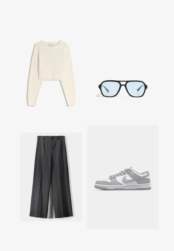 Pulover scurt de culoare crem, realizat dintr-un material tricotat moale. Are mâneci lungi, un guler cu nervuri și un croi lejer, cu fante laterale.; Pantaloni evazați din țesătură gri închis, cu închidere cu buton, pliseuri frontale și curea. Textură netedă cu un design ajustat.; Sneakers gri și albe de tip low-top, realizate din materiale de piele și ante, cu vârf perforat și talpă din cauciuc. Prezentând un logo swoosh proeminent.; Ochelari de soare negri cu rame rectangulare, lentile cu nuanță albastră și un design distinctiv al punții. Finisaj elegant, textură subtilă.; Geantă de mână bej din piele cu o formă unică, dotată cu două mânere scurte și o curea lungă ajustabilă. Textură netedă, cu hardware minim.