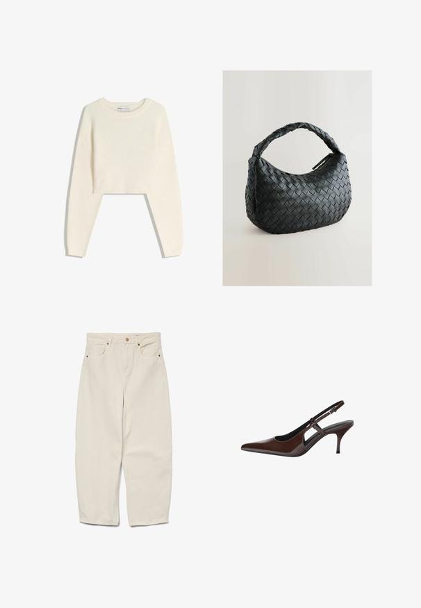Maglione cropped color crema realizzato in morbido tessuto a maglia. Caratterizzato da maniche lunghe, un colletto a costine e una vestibilità rilassata con fessure laterali.; Pantaloni beige in cotone a gamba larga con vita alta, dotati di due tasche anteriori e chiusura con un solo bottone. Tessuto morbido; lunghezza ankle.; Pompa slingback in pelle lucida marrone con punta affusolata, tagli aperti e tacco sottile. Presenta una fascetta con fibbia regolabile.; Borsa a tracolla nera intrecciata con forma arrotondata, superficie testurizzata e una robusta maniglia intrecciata. Dotata di chiusura con zip per una conservazione sicura.