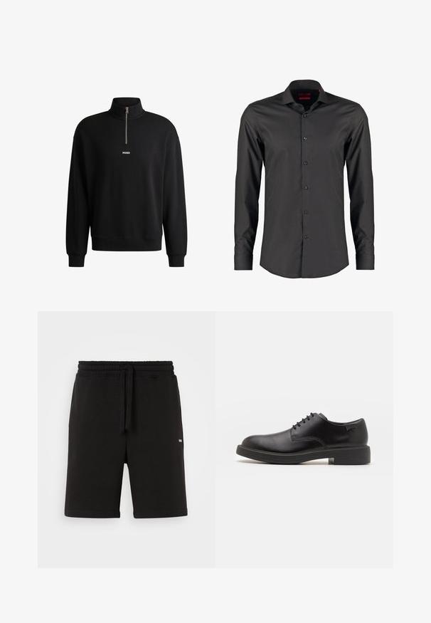 Schwarzer Pullover mit hohem Kragen, Frontreißverschluss und dezentem Logo. Aus weichem Stoff gefertigt, mit gerippten Bündchen und Saum.; Schwarzes Langarmshirt mit slim fit, aus glattem Stoff. Verfügt über einen spitzen Kragen und sechs Knöpfe an der Vorderseite.; Schwarze Baumwollshorts mit elastischem Bund und Kordelzug. Verfügt über seitliche Taschen und ein kleines Logo auf der Vorderseite. Glatte Textur.; Schwarzer Leder-Schnürschuh mit abgerundetem Zeh, glatter Textur, minimaler Naht und niedrigem Gummiabsatz. Logo auf der Ferse.