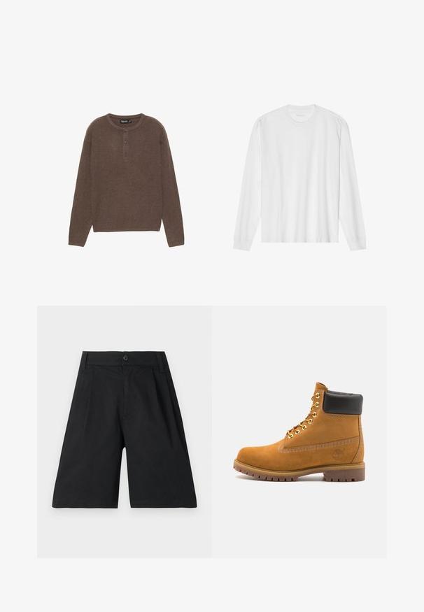 Ruskearun ribadettu neulepaita pitkillä hihoilla, pyöreällä pääntiellä ja kolmella napilla varustetulla etuosalla. Ominaisuuksiin kuuluu suora leikkaus ja pehmeä tekstuuri.; Pitkähihaisen valkoisen puuvillapaidan, jossa on pyöreä kaula-aukko ja ribbaus hihansuissa. Yksinkertainen, koristeltu design, jossa on sileä rakenne ja normaali istuvuus.; Mustat puuvillashortsit, joissa on suora leikkaus, laskoksia, napin suljenta ja sileä rakenne. Ei näkyviä kuvioita tai koristuksia.; Valkoinen nahkainen nilkkuri mustalla pehmustetulla kauluksella, kultaisilla metallisilla rei'illä, valkoisella ompeluksella ja jykevällä kumipohjalla, jossa on selvästi näkyvät urat.