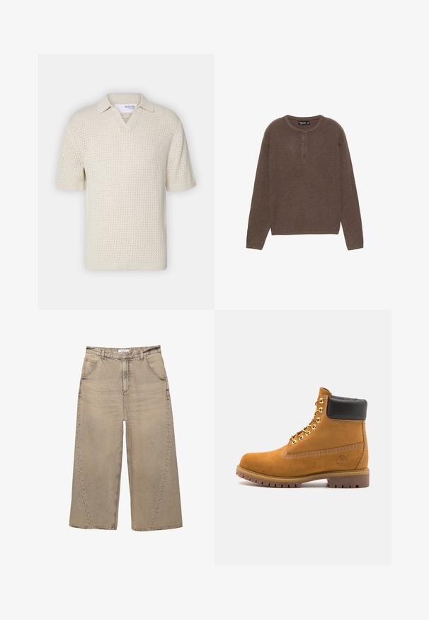 Hnědý žebrovaný pletený top s dlouhým rukávem a kulatým výstřihem, se zapínáním na tři knoflíky. Má rovný střih a měkkou strukturu.; Polo s krátkým rukávem v krémové barvě z pleteniny s výstřihem do V, který má texturovaný vzor a žebrované manžety. Lehký a prodyšný materiál.; PULL&BEAR MEGA BAGGY - Baggy džíny - light grey; Hnědé semišové kotníkové boty s černým polstrovaným límcem, zlatými kovovými očky, bílým prošíváním a odolnou gumovou podrážkou s výraznými drážkami.