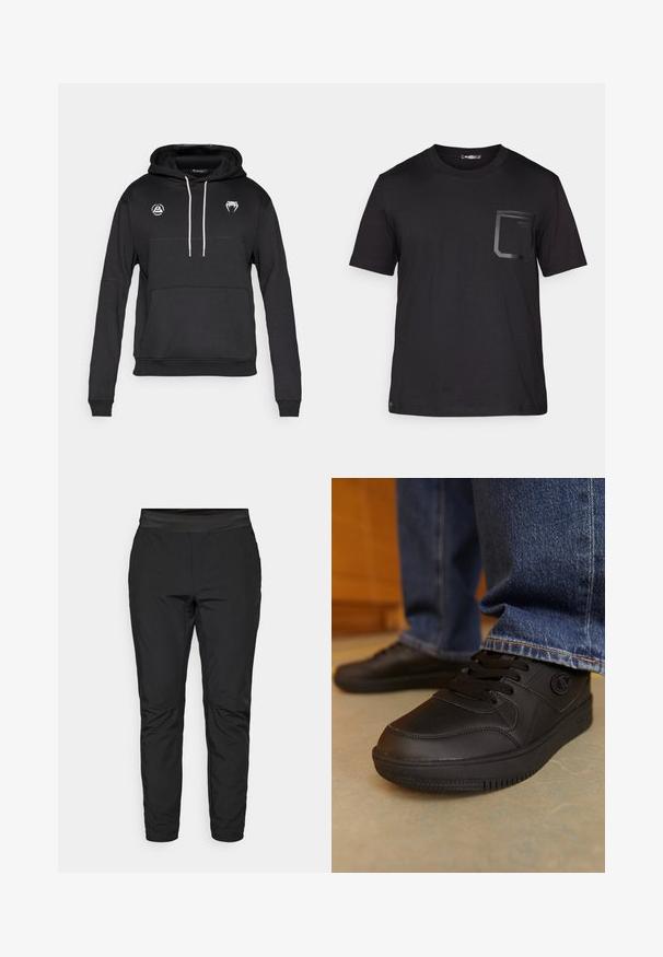 Černá mikina s kapucí a klokaní kapsou, bílými stahovacími šňůrkami a dvěma logy na hrudi. Vyrobená z měkké, strukturované látky.; Černé tričko s krátkým rukávem vyrobené z bavlny s jemnou texturou. Obsahuje přední kapsu s obdélníkovým designem a detailem loga.; Černé elastické kalhoty s těsným střihem, elastickým páskem a kapsami na zip. Hladká textura s mírně lesklým povrchem.; Černé tenisky s hladkým, syntetickým materiálem. Obsahují šněrování a texturované akcenty na svršku. Gumová podešev s vzorkem.